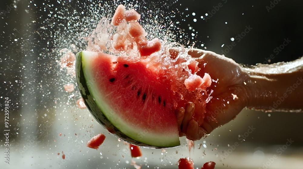Hand Smashing a Watermelon: A hand smashing a watermelon, with pieces and juice flying in all directions.
Hand Smashing a Watermelon: A hand smashing a watermelon, with pieces and juice flying in all directions.