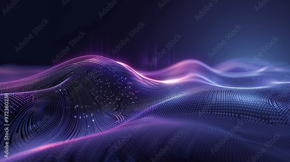 Fototapeta premium A mesmerizing abstract wave of vibrant colors and digital patterns flowing in a dark background, representing technology and innovation. Product presentation background.