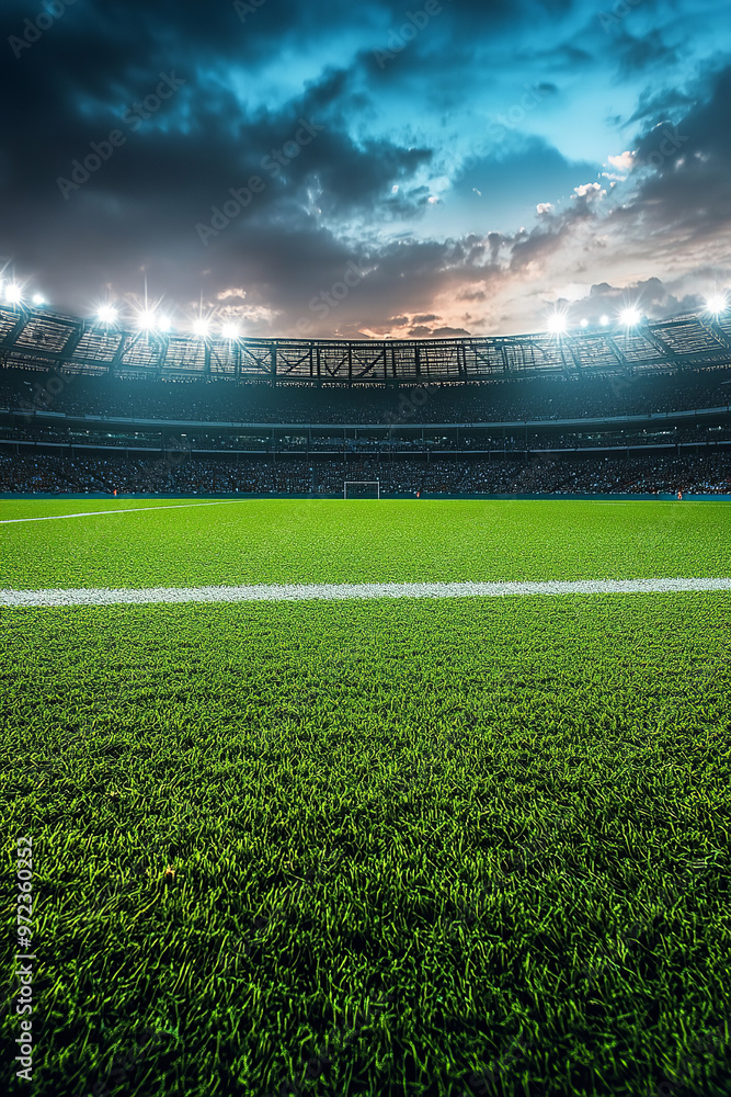 Evening football stadium with green grass and lights