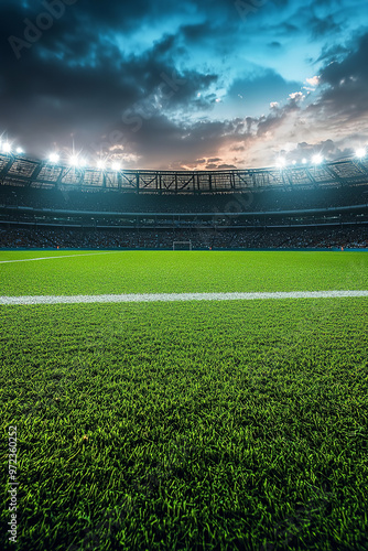 Obraz na płótnie Evening football stadium with green grass and lights w salonie
