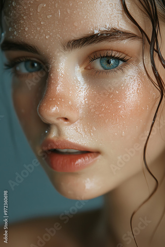 Portrait of beautiful natural woman with dewy wet skin