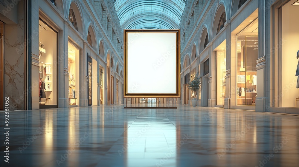A blank billboard in a luxury shopping arcade with diffused lighting and arched ceilings. A blank billboard in a luxury shopping arcade with diffused lighting and arched ceilings.