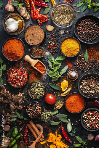 Top view of cooking ingredients, colorful variety of spices, herbs and other ingredients