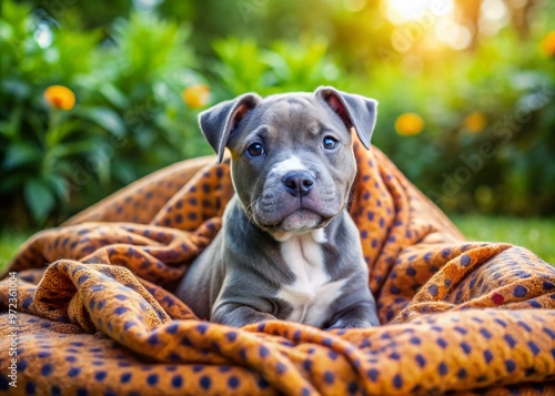 Adorable blue English Staffordshire bull terrier puppy with floppy ears and spotted coat playfully snuggles up on a photo