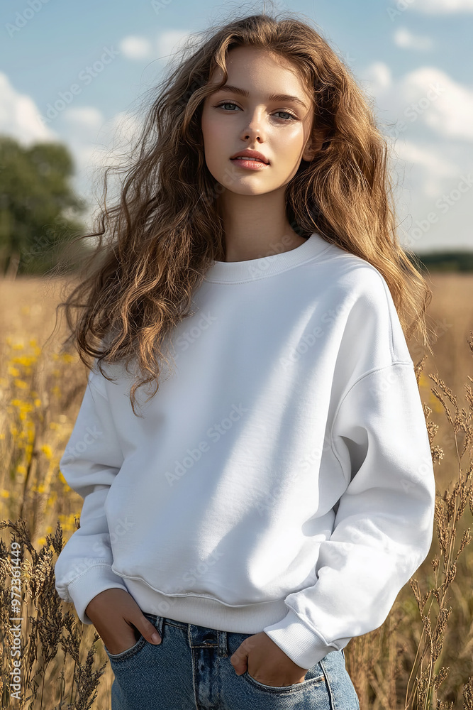 Young woman girl white crewneck sweatshirt mockup Young woman girl white crewneck sweatshirt mockup