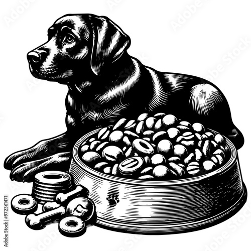 Dog with food bowls depicted in a monochrome illustration. Vector, generative ai.