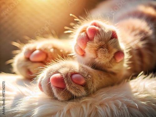 Adorable close-up of a cat's paw, showcasing soft, fluffy fur, delicate pink pads, and razor-sharp claws, with a photo