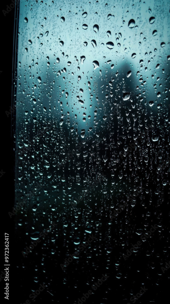 Rain droplets cover a glass window with a moody atmosphere on a cloudy afternoon Rain droplets cover a glass window with a moody atmosphere on a cloudy afternoon