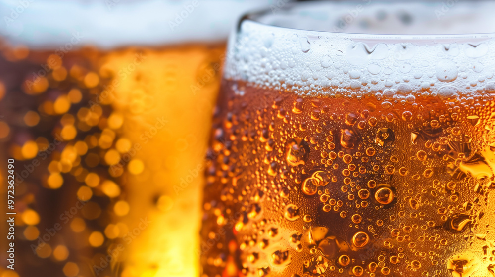 Close-up of cold beer glasses with bubbles and condensation. Close-up of cold beer glasses with bubbles and condensation.