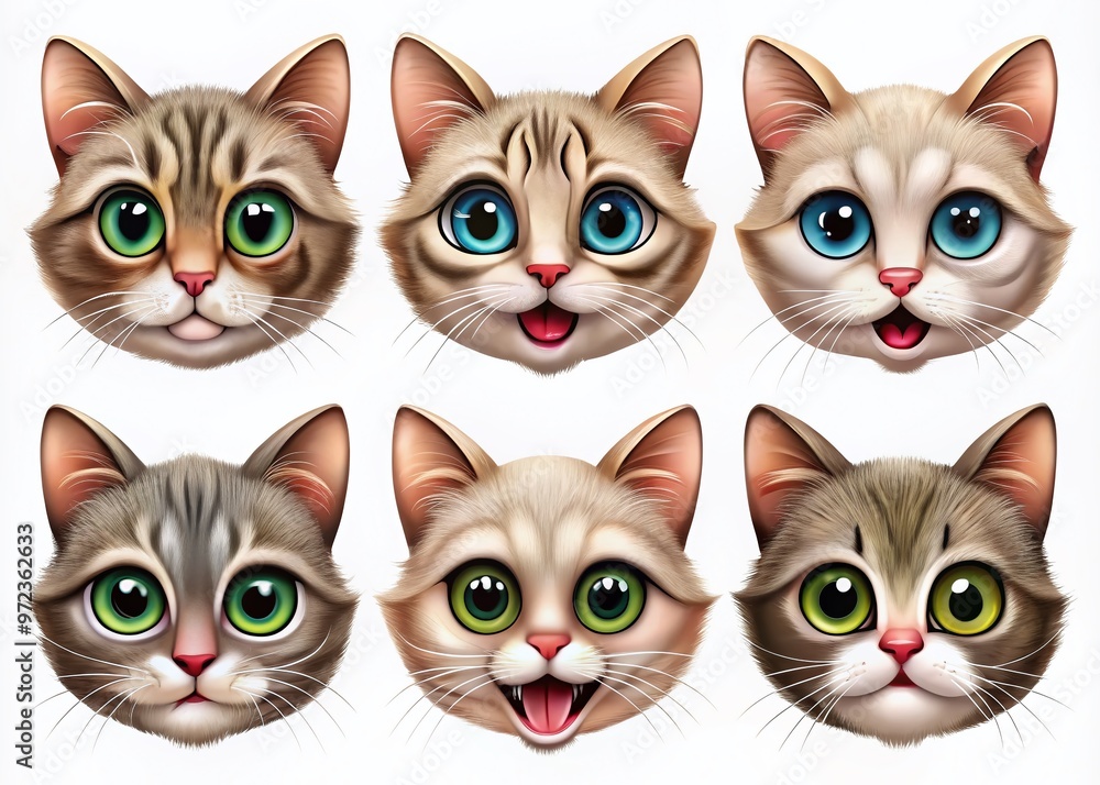 Adorable digital feline faces with expressive eyes and mouths convey emotions, ranging from happy to sad, in colorful Adorable digital feline faces with expressive eyes and mouths convey emotions, ranging from happy to sad, in colorful
