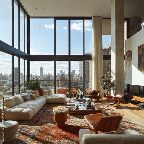 Modern Living Room with City View and Large Windows