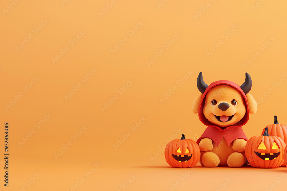 Cute plush toy dressed as a devil with Halloween pumpkins on a vibrant orange background, perfect for seasonal celebrations. Cute plush toy dressed as a devil with Halloween pumpkins on a vibrant orange background, perfect for seasonal celebrations.