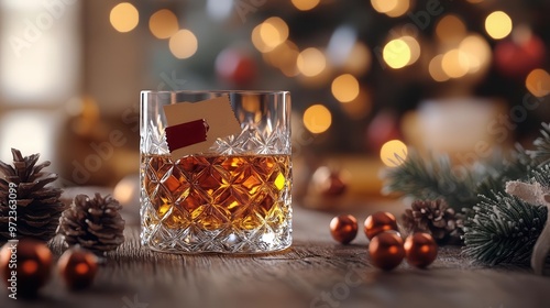 A festive glass of whiskey sits amidst holiday decorations, creating a warm, cozy atmosphere perfect for winter celebrations. photo