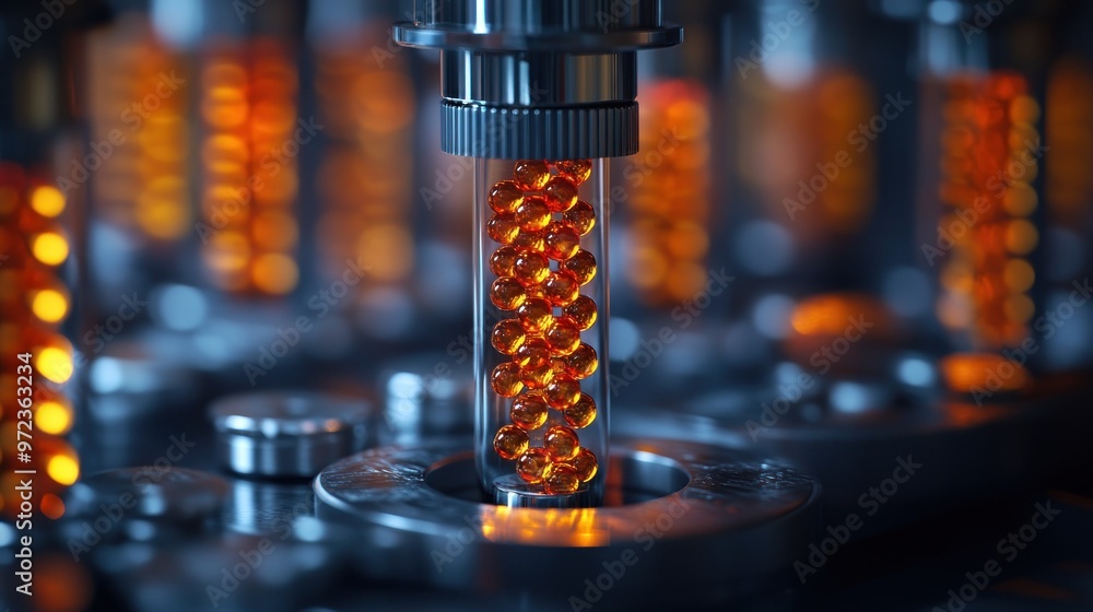 Close-up of glowing spheres in a laboratory apparatus. Close-up of glowing spheres in a laboratory apparatus.