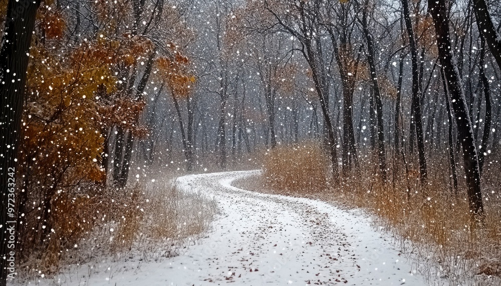 Snowy Path Winding Through a Forest of Bare Trees Snowy Path Winding Through a Forest of Bare Trees