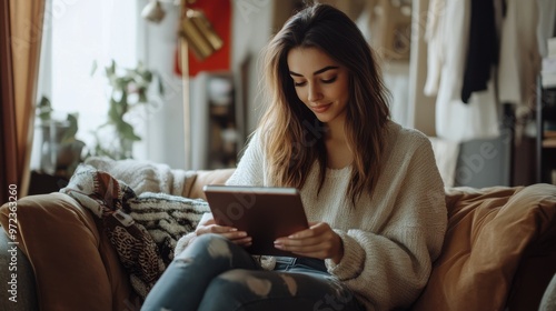 Chic woman using a tablet to shop for high-end fashion items from the comfort of her