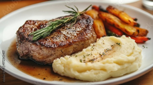 Grilled Steak with Mashed Potatoes and Roasted Vegetables