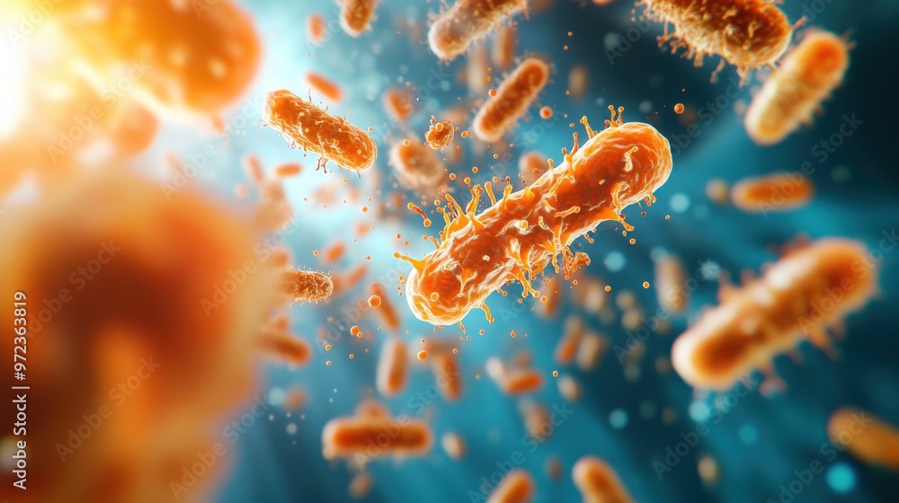 A bunch of orange bacteria are flying through the air A bunch of orange bacteria are flying through the air