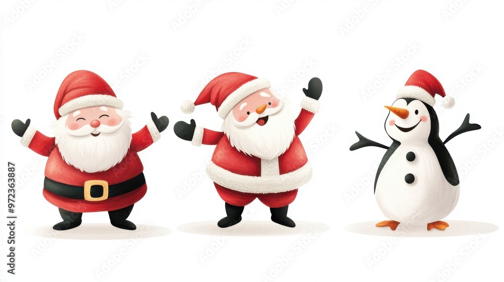 Christmas vector art with Santa Claus, snowman, and penguin characters, Christmas vector art with Santa Claus, snowman, and penguin characters,