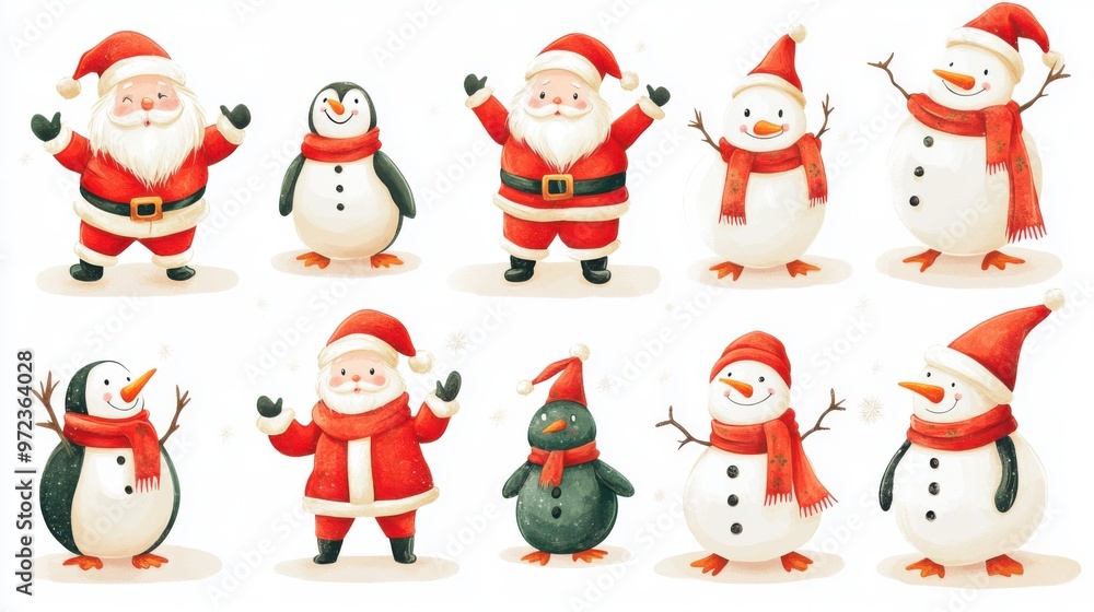 Christmas vector collection with Santa Claus, snowman, and penguin characters, Christmas vector collection with Santa Claus, snowman, and penguin characters,