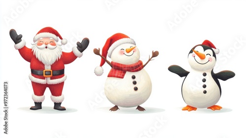 Christmas vector design of Santa Claus, snowman, and penguin characters in amusing