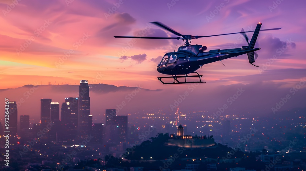 Helicopter in Flight: A helicopter flying through the sky with the cityscape below.
Helicopter in Flight: A helicopter flying through the sky with the cityscape below.