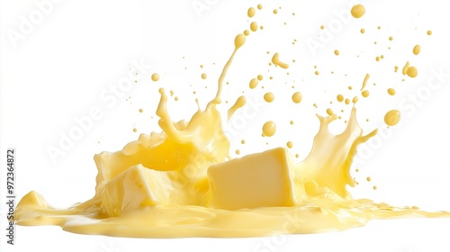 Close-up of yellow liquid splashing over two blocks of the same substance. photo