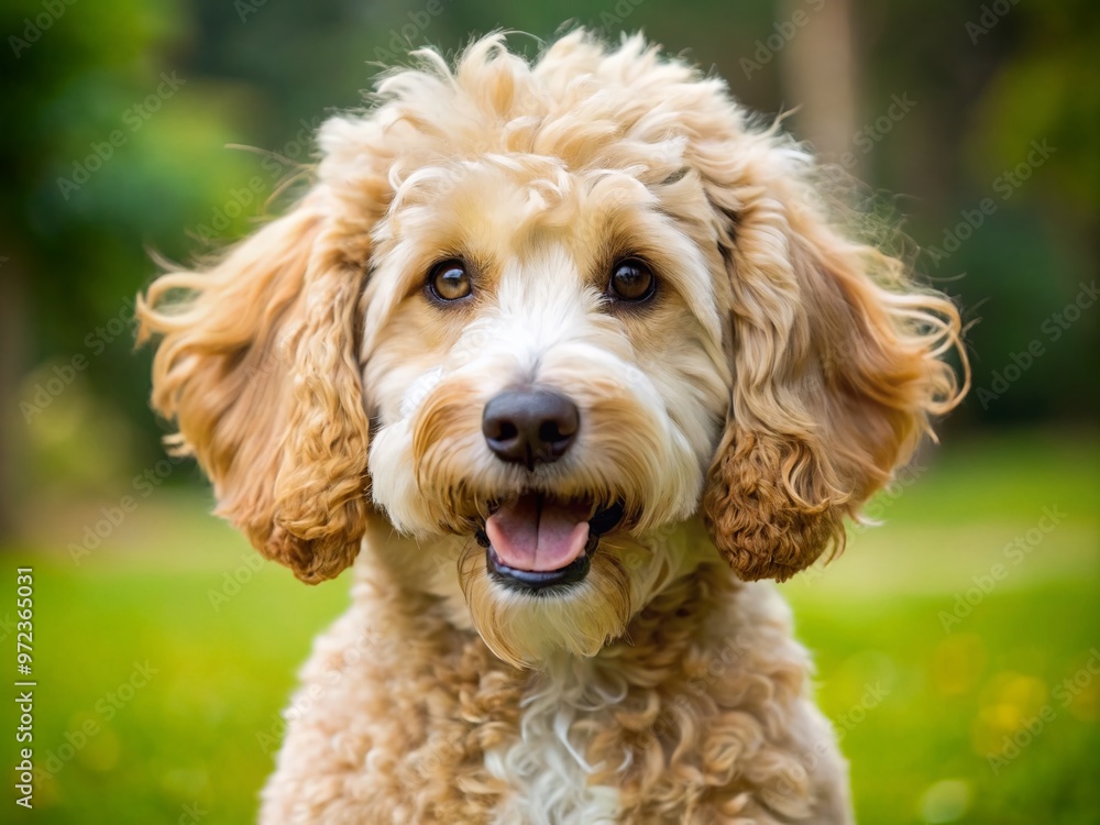 Adorable hybrid dog with curly coat, floppy ears, and playful expression, result of crossbreeding two popular breeds, Adorable hybrid dog with curly coat, floppy ears, and playful expression, result of crossbreeding two popular breeds,