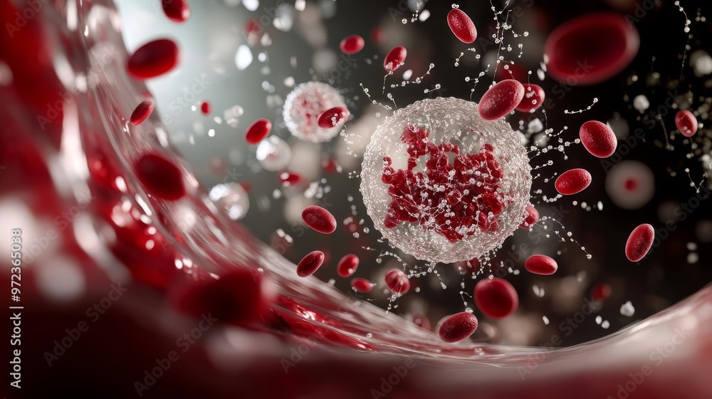 Close-up 3D illustration of erythrocytes flowing through an artery with microscopic details, vivid microbiology scene, genetic focus, high-resolution cellular texture Close-up 3D illustration of erythrocytes flowing through an artery with microscopic details, vivid microbiology scene, genetic focus, high-resolution cellular texture