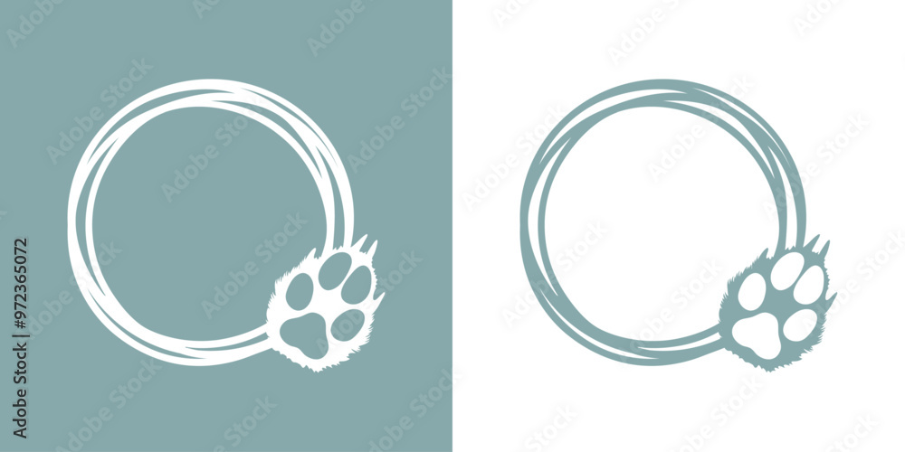 Logo vida salvaje. Garras de lobo con pelaje. Silueta de pisada de lobo en marco circular con líneas