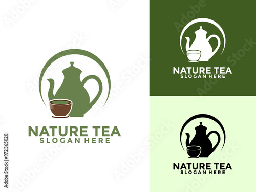 Teapot green tea wit cup logo icon design template flat vector. Vector Tea logo template