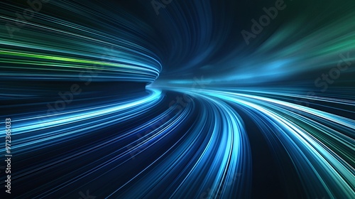 A stunning abstract background featuring vibrant blue and green light trails flowing dynamically, perfect for modern designs. Product presentation background.