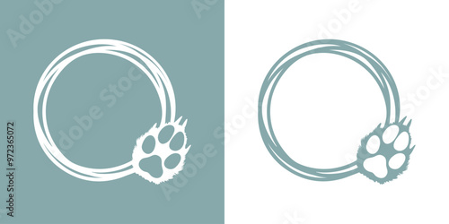 Logo vida salvaje. Garras de lobo con pelaje. Silueta de pisada de lobo en marco circular con líneas