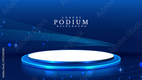 Empty podium white on blue background with light neon effects with bokeh decorations. Luxury scene design concept.