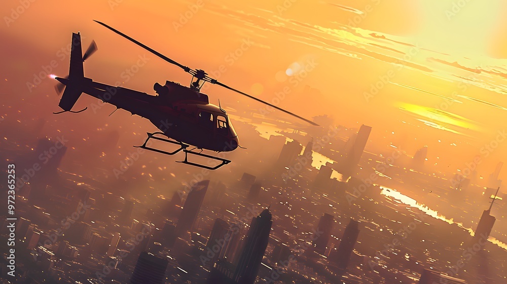 Helicopter in Flight: A helicopter flying through the sky with the cityscape below.
Helicopter in Flight: A helicopter flying through the sky with the cityscape below.