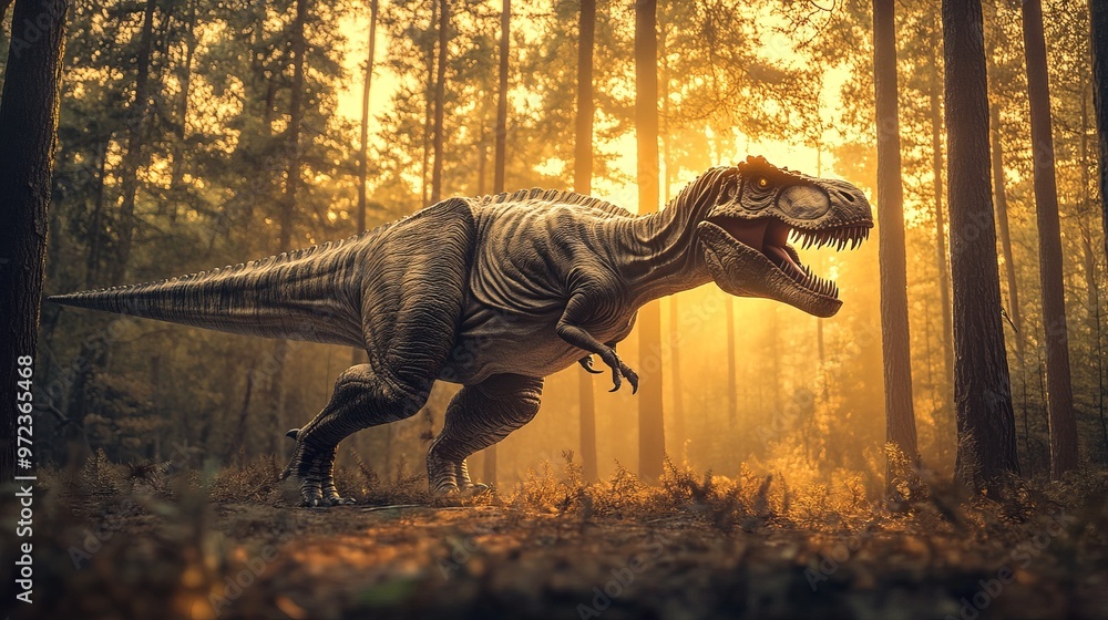 A ferocious T-Rex is seen roaming through a forest during the golden sunset hour, reflecting the dynamic and powerful nature of this prehistoric creature in a serene setting A ferocious T-Rex is seen roaming through a forest during the golden sunset hour, reflecting the dynamic and powerful nature of this prehistoric creature in a serene setting