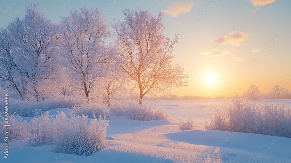 Naklejka premium Winter sunrise illuminating a snowy landscape, with the first light of day reflecting off the frost-covered trees and fields. 4K hyperrealistic photo.