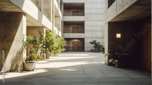 Wallpaper Mural Brutalist public housing with repetitive, modular design, thick concrete walls, and narrow, shadow-filled corridors, emphasizing function over form. 4K hyperrealistic photo. Torontodigital.ca