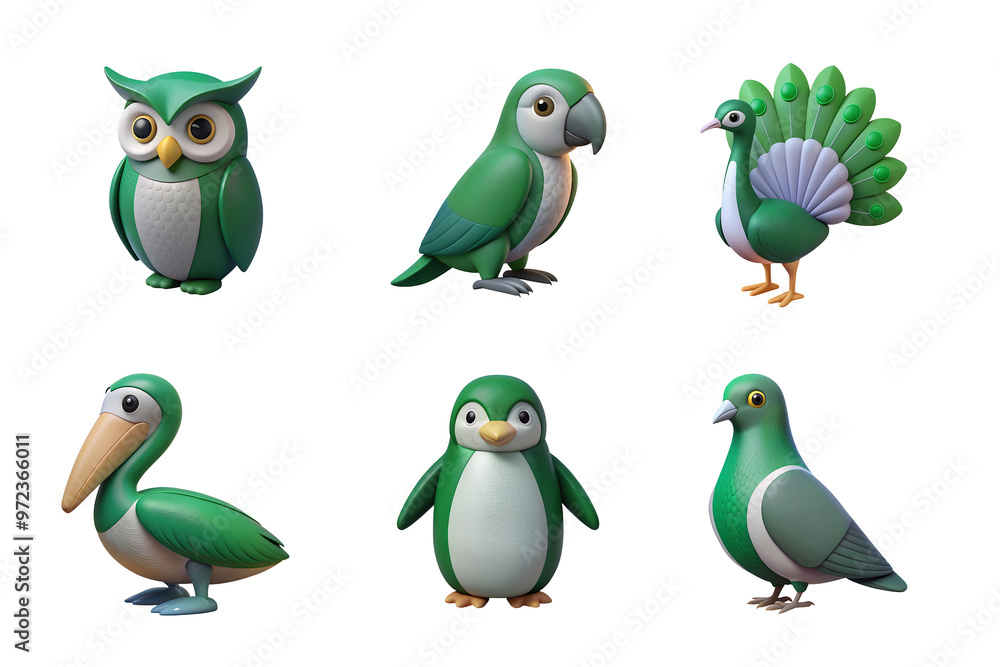 Naklejka premium bird set collection icon green color in plastic 3d style