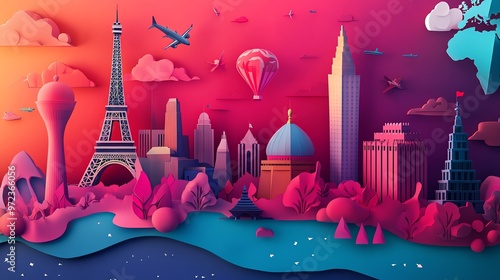 A papercraft illustration of a cityscape with various famous landmarks and airplanes and a hot air balloon in the sky.