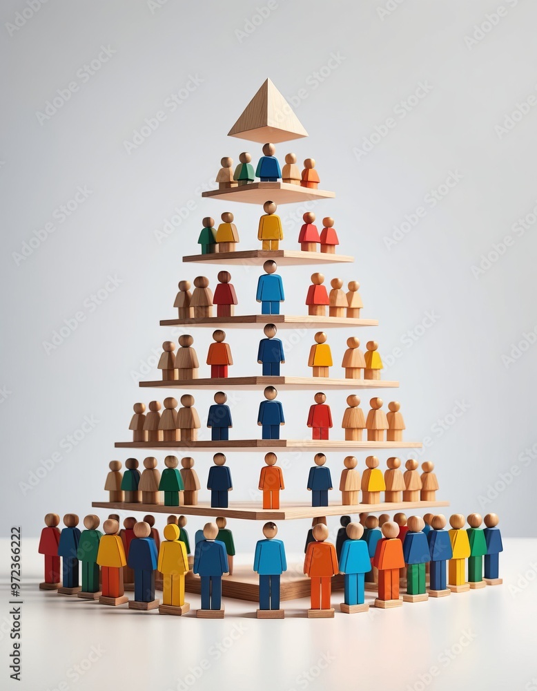 A pyramid of wooden figures representing a corporate hierarchy with a diverse group of business professionals in the background diverse professional A pyramid of wooden figures representing a corporate hierarchy with a diverse group of business professionals in the background diverse professional