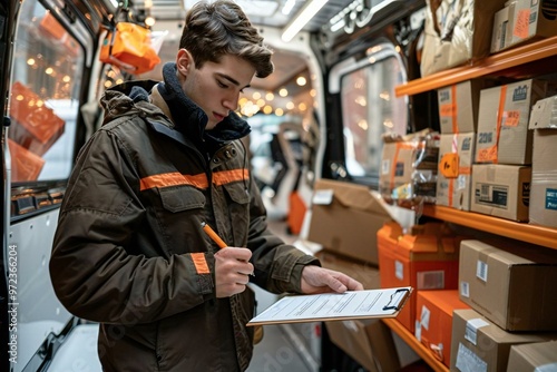 Delivery Man in Van Checking off List on Clipboard