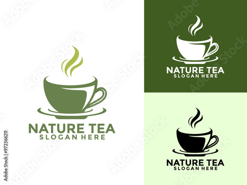 Nature Green Tea with Cup Logo vector, Premium quality organic tea logo template