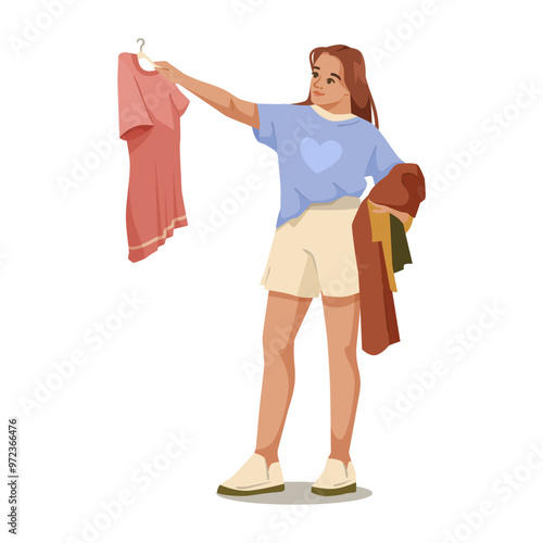 A woman holding a red shirt in one hand and multiple clothes in the other, on a white background. Concept of shopping. Vector illustration