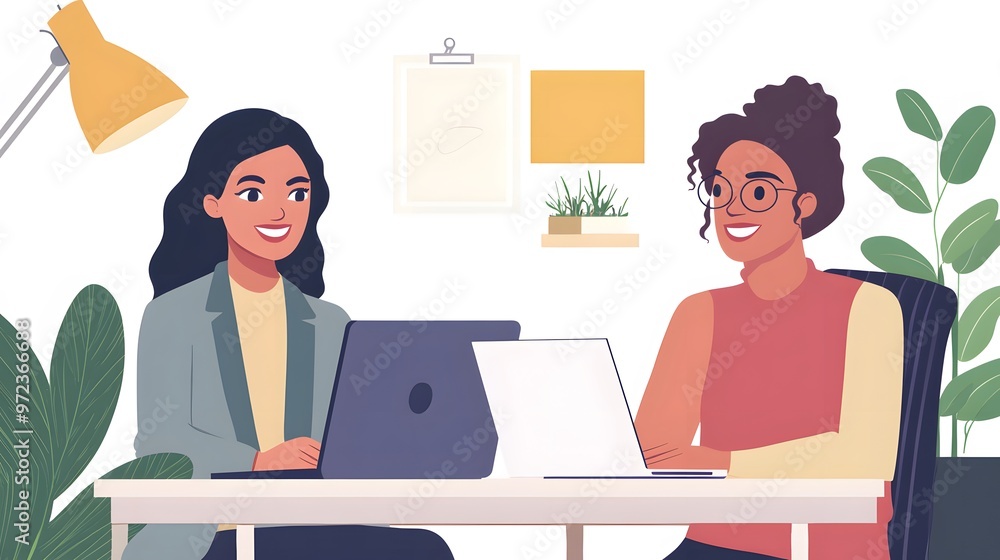 Two Women Working Together at a Desk with Laptops Two Women Working Together at a Desk with Laptops