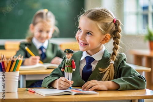 Adorable schoolgirl in uniform holds a toy soldier, gazing adoringly at it, while sitting at a desk surrounded photo