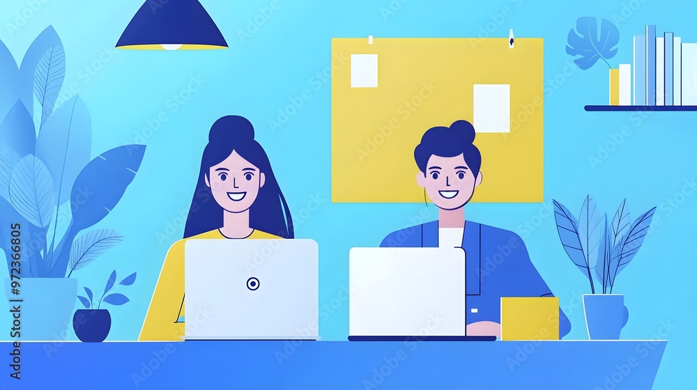 Two Smiling People Working at Laptops in a Blue and Yellow Office Setting Two Smiling People Working at Laptops in a Blue and Yellow Office Setting