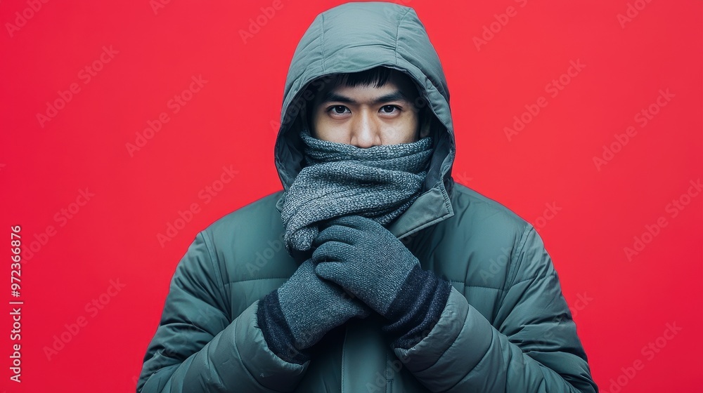 An Asian man is dressed warmly in a hooded down jacket, gloves, and a scarf, bracing for freezing temperatures against a solid background An Asian man is dressed warmly in a hooded down jacket, gloves, and a scarf, bracing for freezing temperatures against a solid background