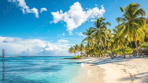 Wallpaper Mural A tropical beach with white sand, crystal-clear blue water, and swaying palm trees. Torontodigital.ca