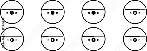 Music or video play and paus bar icons Set. Audio player and paus for songs or podcast playlist. Modern social media buttons interface template live digital stream isolated on transparent background.